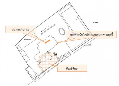 แผนผังแสดงตำแหน่งแนวถนนโบราณที่พบ และป้อมอิสินธร (ภาพจาก บริษัท พีเนสส์ ชอยส์ เทสติ้ง จำกัด 2558)<br>