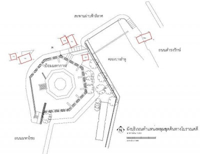 แผนผังแสดงตำแหน่งหลุมขุดค้นทางโบราณคดี บริเวณถนนนครสวรรค์ (ภาพจาก กรรณิการ์ สุธีรัตนภิรมย์ 2562)<br>