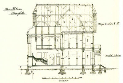 รูปตัดแสดงโครงสร้างตำหนักสมเด็จ วังบางขุนพรหม สร้างระหว่าง พ.ศ.2455-2456 (ภาพจาก พิพิธภัณฑ์ธนาคารแห่งประเทศไทย 2549)<br>
