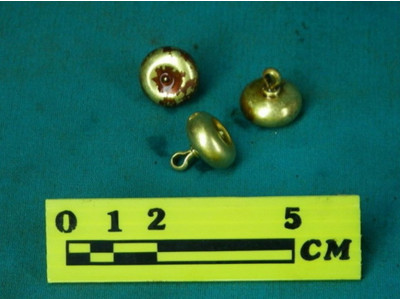 กระดุมทองจำนวน 3 เม็ด ที่พบในตัวเรือ (กลุ่มโบราณคดีใต้น้ำ 2564)<br>