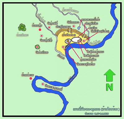 แผนที่เวียงลองยุคแรก(บ้านไฮสร้อย) (จัดทำโดย ภูเดช  แสนสา https://lek-prapai.org/home/view.php?id=573%20%20%E0%B8%A7%E0%B8%99%E0%B8%97)<br>